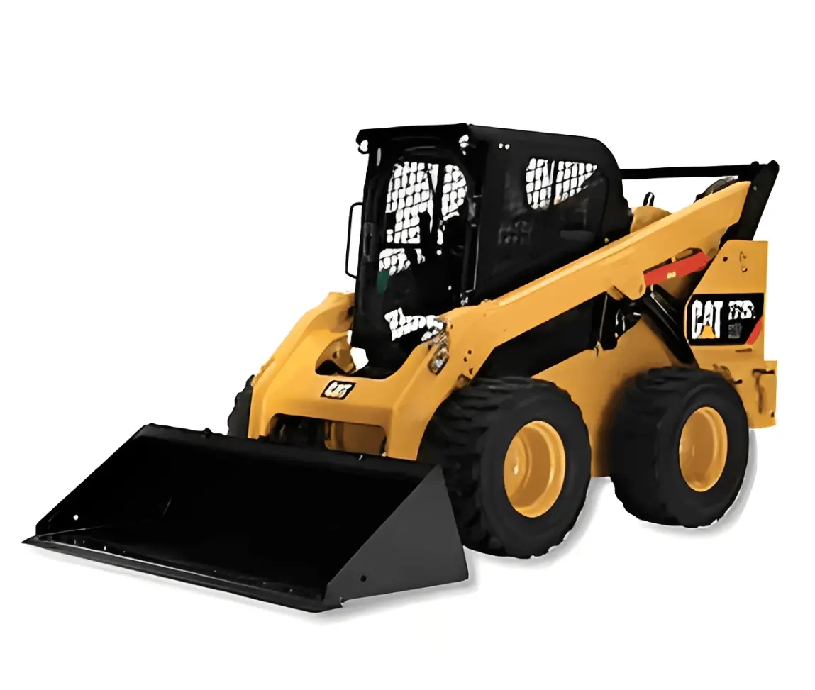 Yellow skid steer loader with front bucket.