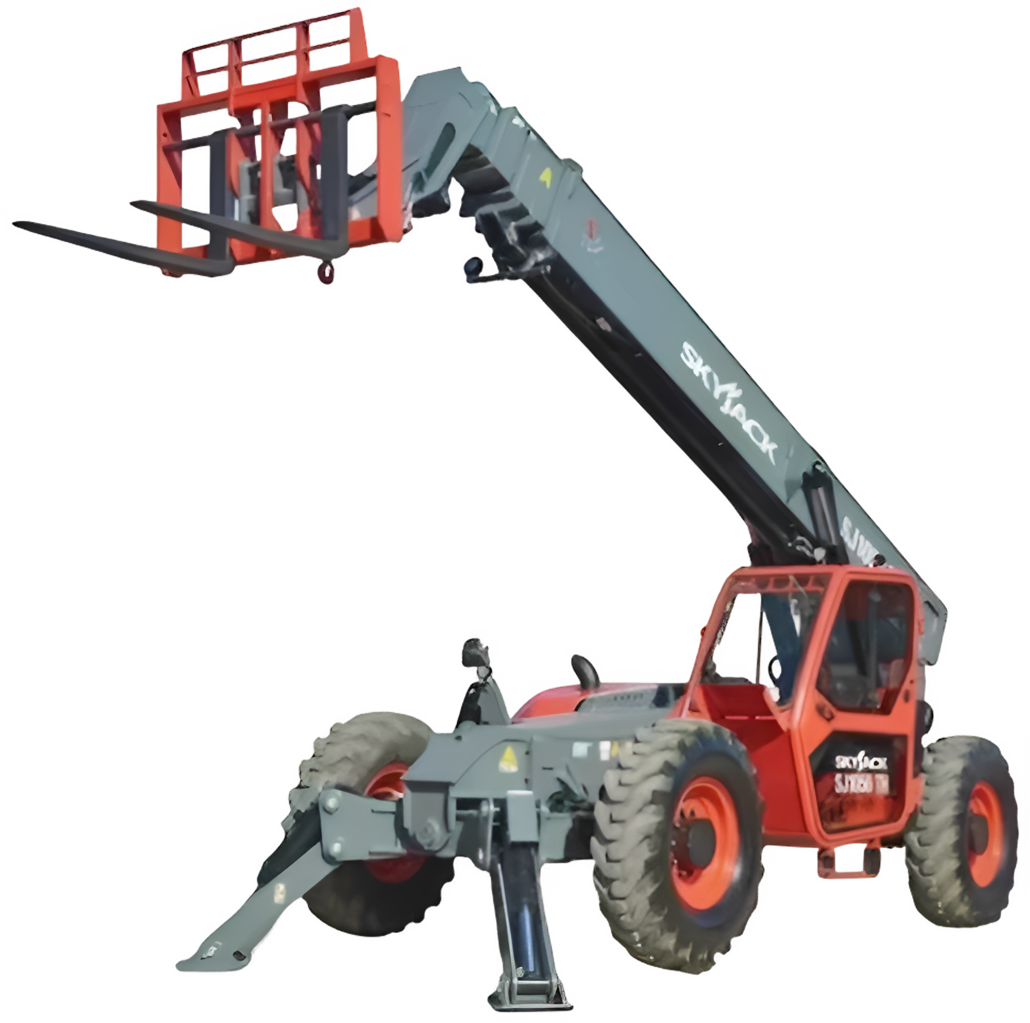 Skyjack telescopic forklift on black background.