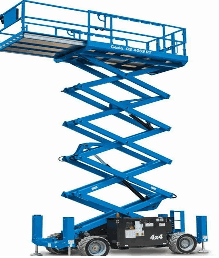 Blue scissor lift extended upward, isolated background.